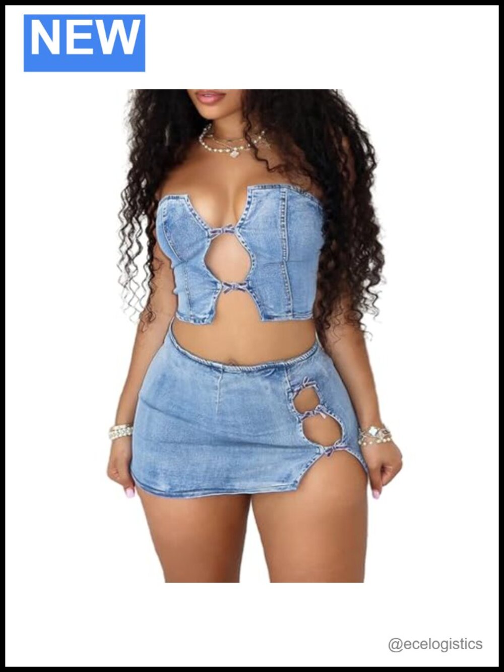Denim 2 Piece Set Crop Top & Split Mini Skirt Y2K Clubwear